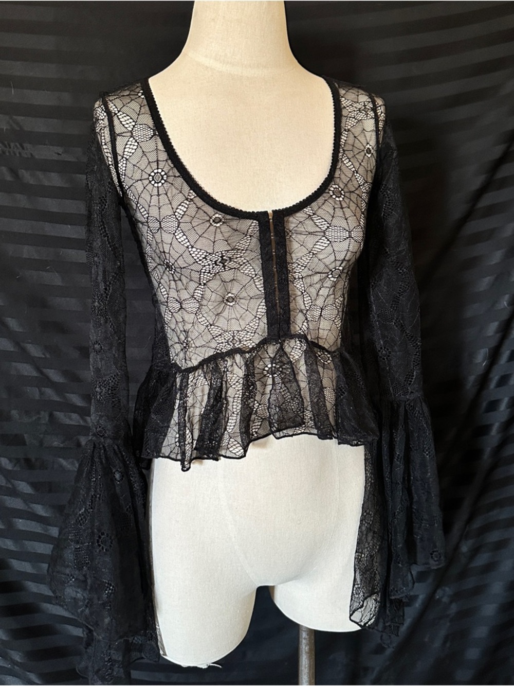 Lip Service Black Sheer Lace Top with Red Rose Accent
